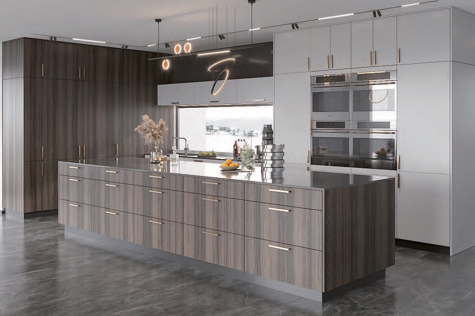 Smoked oak kitchen island with tall oven cabinets from KASA Kitchens